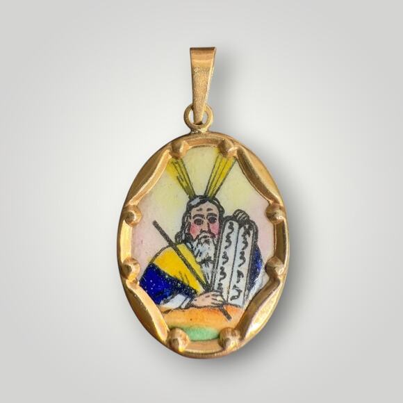 Jewelry - Solid Gold 14K Religious Pendant Moses Ten Commandments Mini Enamel Medal 1.4g